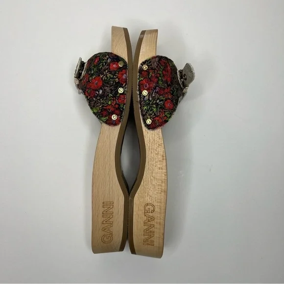 GANNI x Dr. Scholl's Red Floral Buckle Wooden Clog Slides Sandals Retro NEW - Picture 12 of 13
